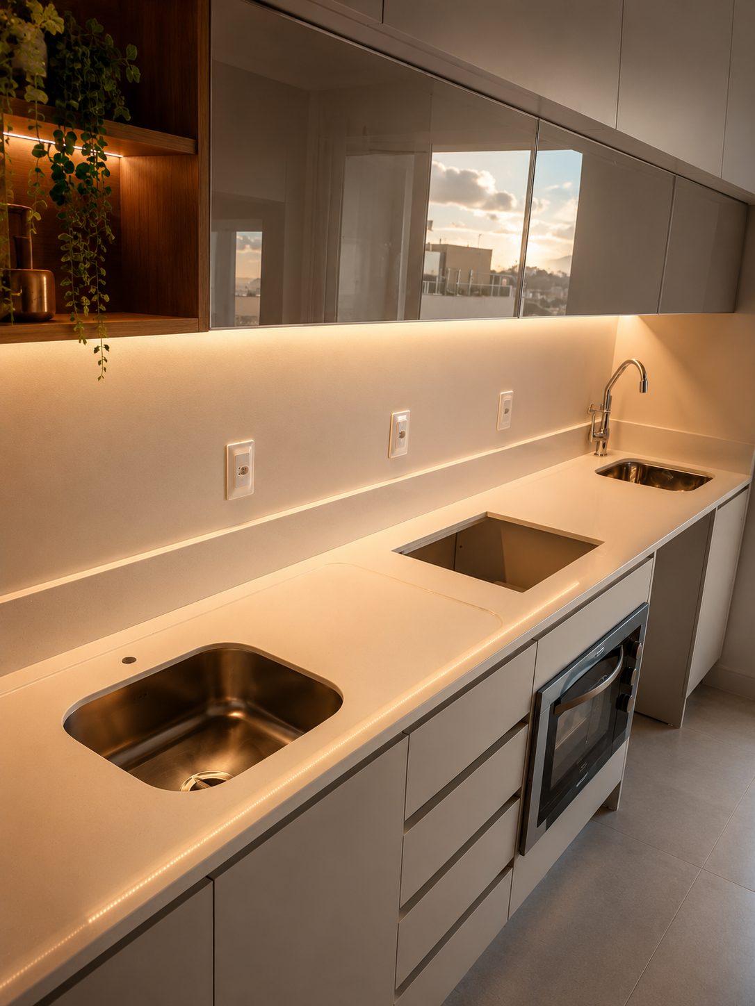 Cozinha moderna com bancada clara, duas cubas em inox e iluminação LED embutida